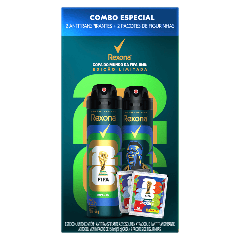 Kit Desodorante Antitranspirante Aerosol Rexona Men Impacto + Xtracool Vini Jr 72h 150ml Cada + Figurinhas Copa do Mundo FIFA 2026 2 Pacotes