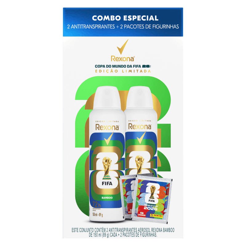 Kit Desodorante Antitranspirante Aerosol Rexona Feminino Bamboo 72h 150ml Cada + Figurinhas Copa do Mundo FIFA 2026 2 Pacotes