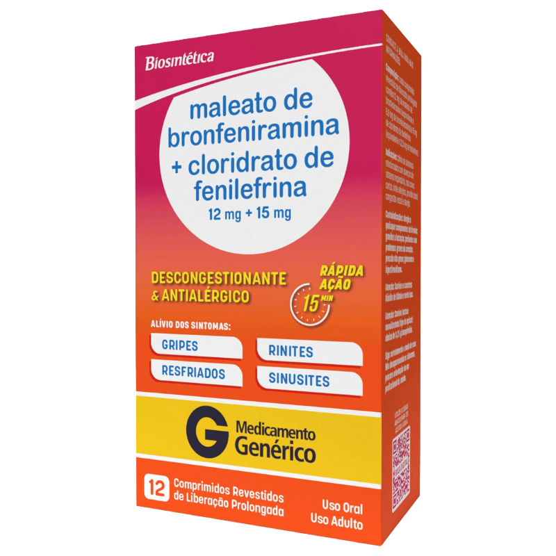 Maleato de Bronfeniramina 12mg + Cloridrato de Fenilefrina 15mg Biosintética 12 Comprimidos Revestidos de Liberação Prolongada