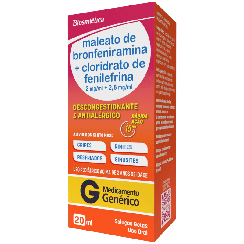 Maleato de Bronfeniramina 2mg/ml + Cloridrato de Fenilefrina 2,5mg/ml Biosintética Solução Gotas 20ml