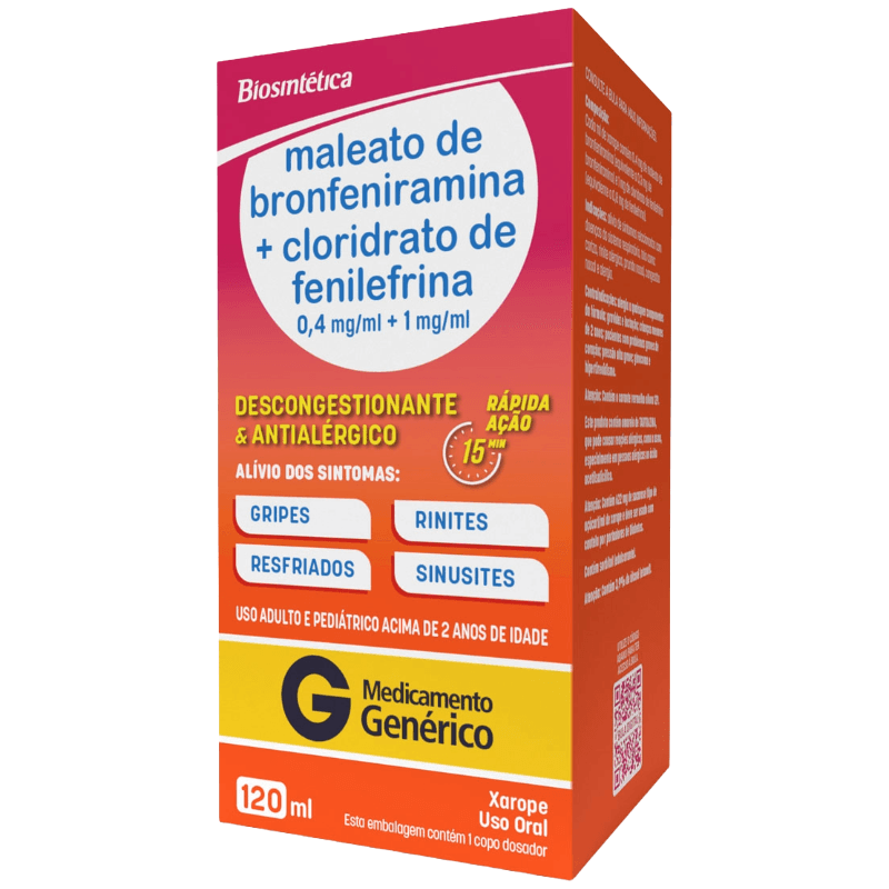 Maleato de Bronfeniramina 0,4mg/ml + Cloridrato de Fenilefrina 1mg/ml Biosintética Xarope 120ml + Copo Dosador