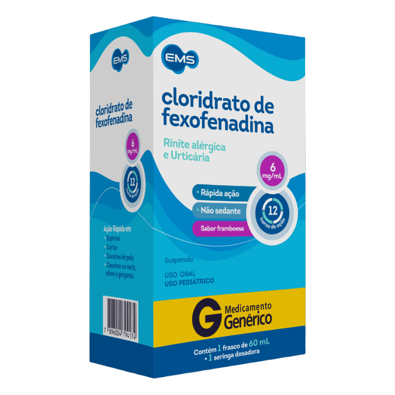Cloridrato de Fexofenadina 6mg/ml EMS Suspensão Oral Sabor Framboesa 60ml + Seringa Dosadora