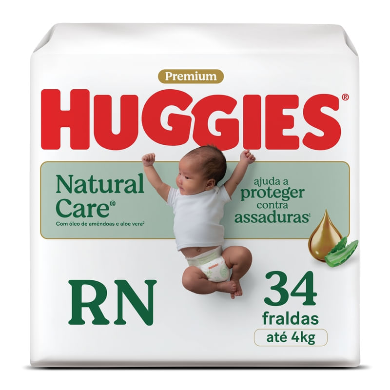 Fralda Descartável Huggies Premium Natural Care Hipoalergênica RN 34 Unidades