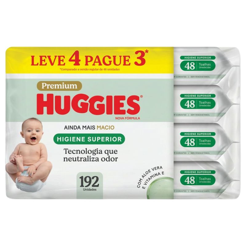 Pacote Huggies Higiene Superior com 192 lenços